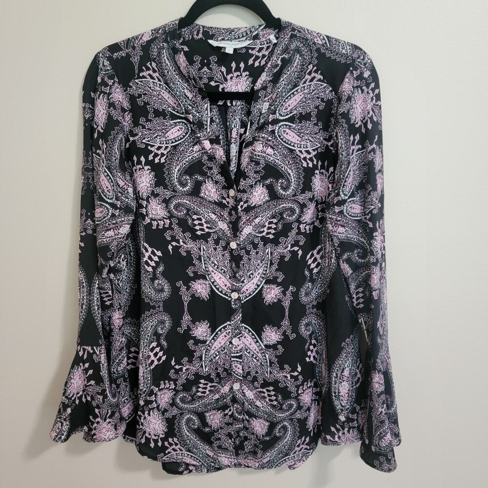 Foxcroft Bell Sleeve Button Down Blouse Pink Black SZ 6